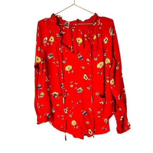 EUC Rebecca Taylor Red Floral Boho Silk Top 0 - Picture 1 of 4